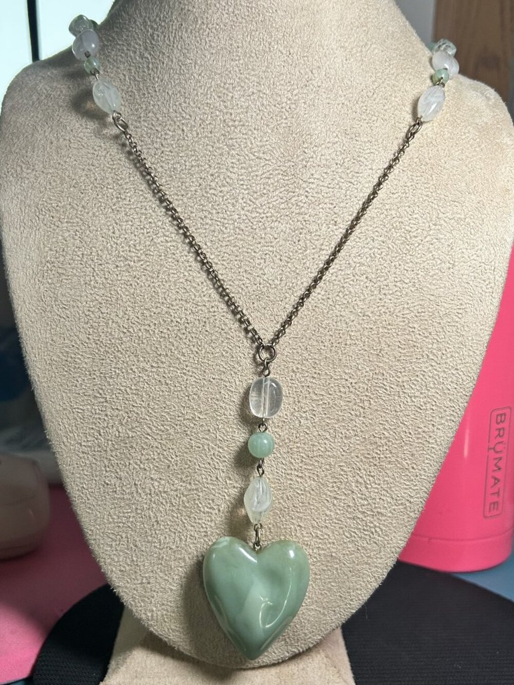 Vintage Sage Green Swirl Stone Heart Y Drop Lariat Necklace Silver Tone